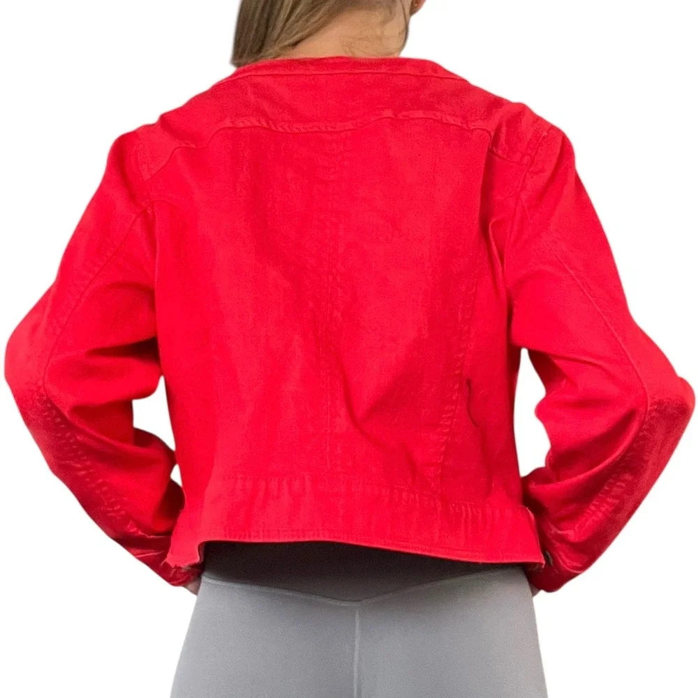Jessica London Women 14 Red Denim Cotton Blend Full Zip Ruffle Front Jean Jacket